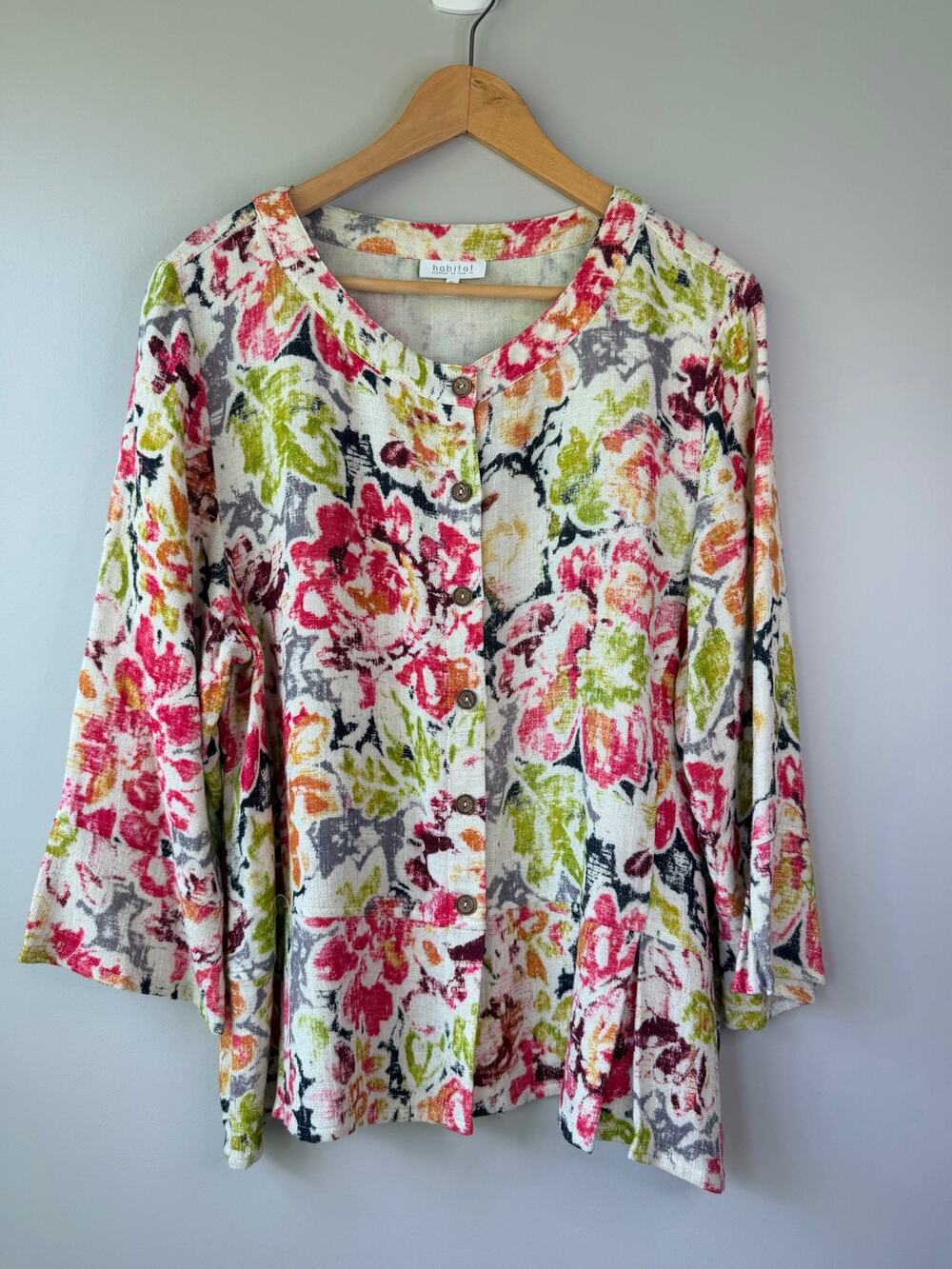 Habitat Size XL Floral Linen Blend Button Front Blouse Watercolor